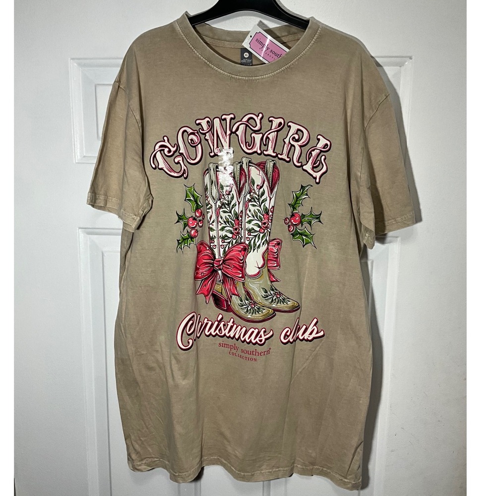 Simply Southern Cowgirl Christmas Club T-Shirt XL Tan Ecru Holiday Graphic Tee